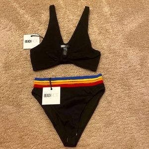Beach Riot Black Bikini with Red, Yellow & Blue Stripe Waistband